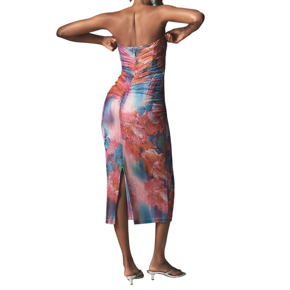 ANTHROPOLOGIE‎ Soleil Slim Strapless Midi Dress L and XL Ruched Mesh Pink Floral - Picture 4 of 16